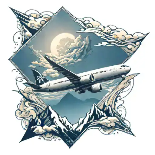 Airplane flying towards me with mountain scenery inside and bordered with a diamond outline  tattoo design idea