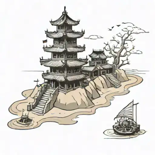 Chinese building sandcastles on the beach tattoo design idea