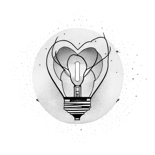 Abstract design of a heart-shaped lightbulb surrounded by family members' names tattoo design idea