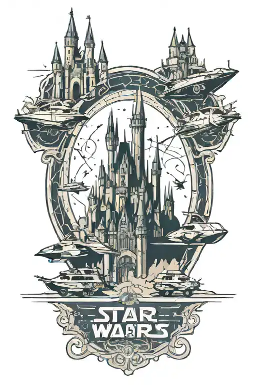 Star Wars logo combined with star wars ships combined with Disney world castle tattoo design idea