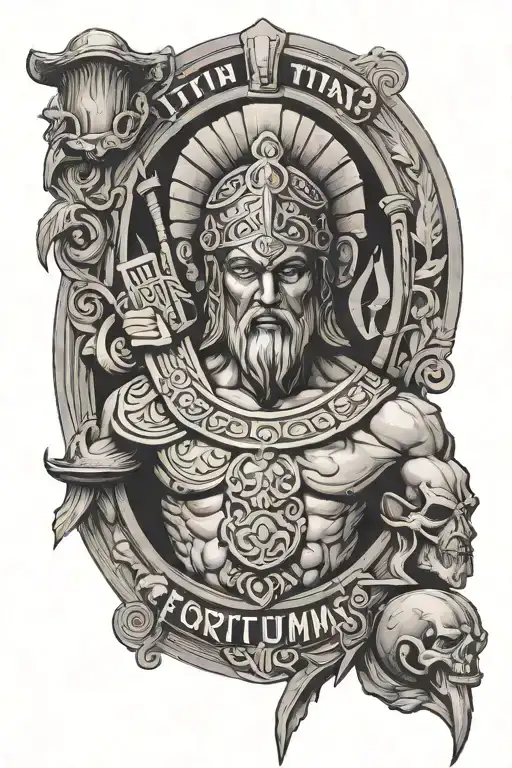 greek titans, latin phrase 'Fortitudune vincimus' and myths tattoo design idea