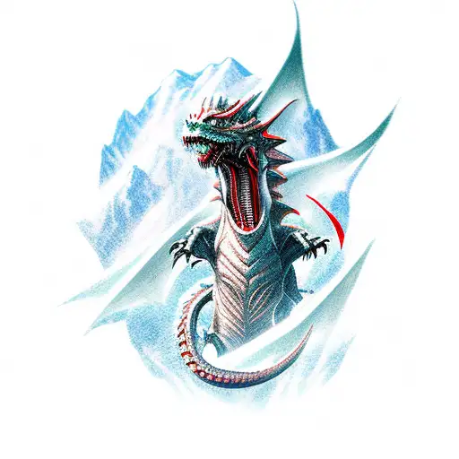 A futuristic video game character battling a dragon in a mountainous landscape tattoo design idea