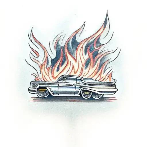 A traditional tattoo of an old car engulfed in flames, inspired by Stephen King's novels tattoo design idea