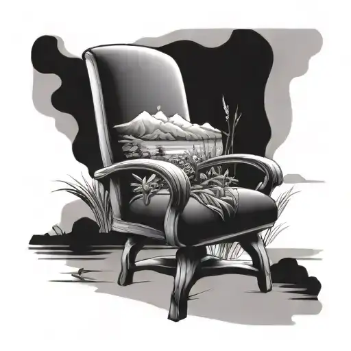 Create a tattoo design featuring a calming landscape with a therapist's chair in black-grey style tattoo design idea