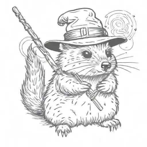 Quokka in a wizarding hat with a  wand casting a spell, minimalistic tattoo design idea