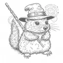 Quokka in a wizarding hat with a  wand casting a spell, minimalistic tattoo design idea