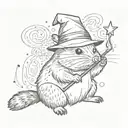 Quokka in a wizarding hat with a  wand casting a spell, minimalistic tattoo design idea