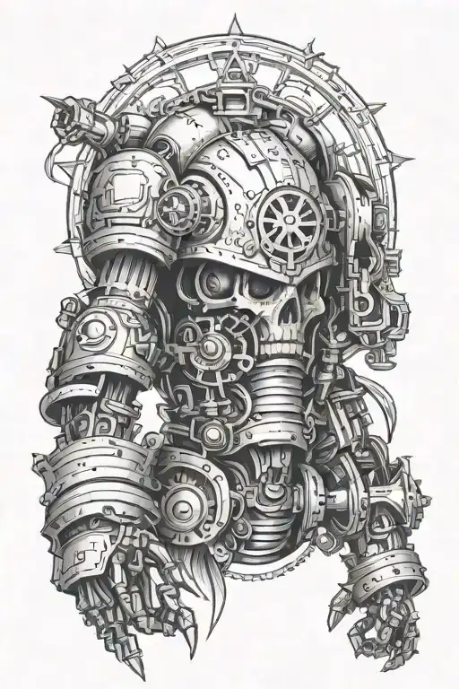 Warhammer 40,000, Adeptus Mechanicus style sleeve tattoo, must be black and white, includes technolingua tattoo design idea