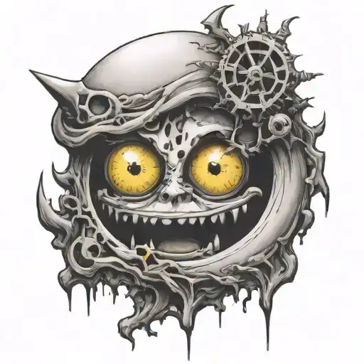 Lisa Simpson with eyes without pupils a moon with satanism symbols inside and looking scary/horror tattoo design idea