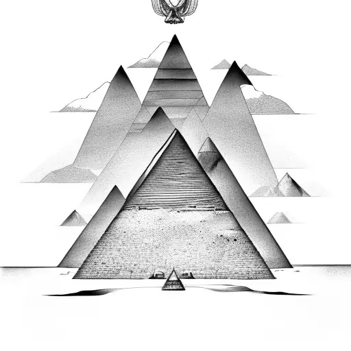 A beautifully detailed sketch of an Egyptian pyramid with guns hidden within the architecture tattoo design idea
