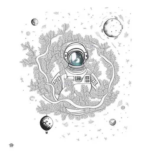 astronaut in the forest, floating in air with vines tattoo design idea