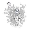 astronaut in the forest, floating in air with vines tattoo design idea