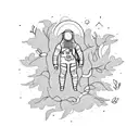 astronaut in the forest, floating in air with vines tattoo design idea