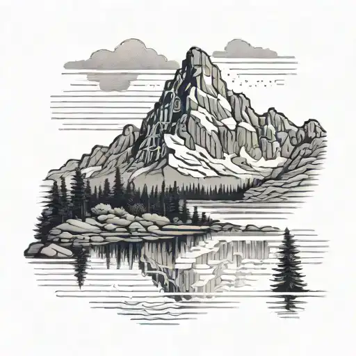 A dotwork tattoo of a serene lake reflecting the towering peaks of Glacier National Park tattoo design idea