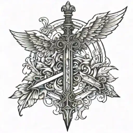cross, angels, sword tattoo design idea