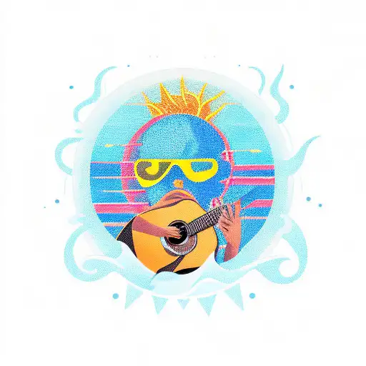 A traditional tattoo of a sun wearing sunglasses, playing a guitar on a beach with waves crashing in the background tattoo design idea