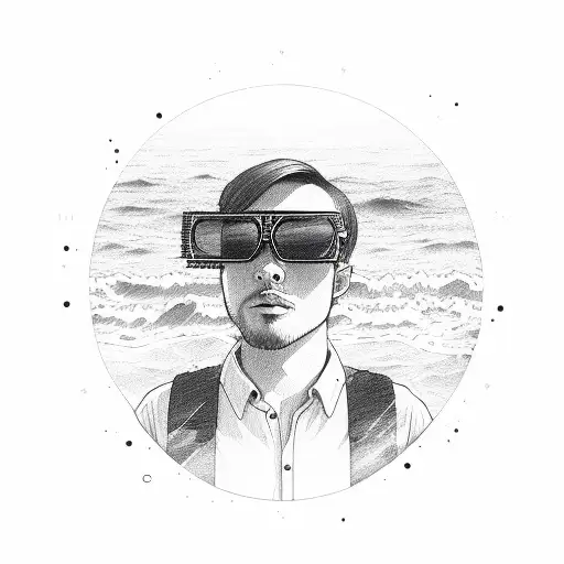  a sun wearing sunglasses, playing a guitar on a beach with waves crashing in the background tattoo design idea