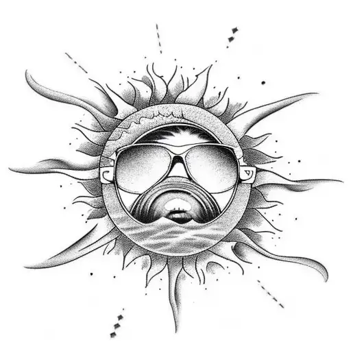  a sun wearing sunglasses, playing a guitar on a beach with waves crashing in the background tattoo design idea