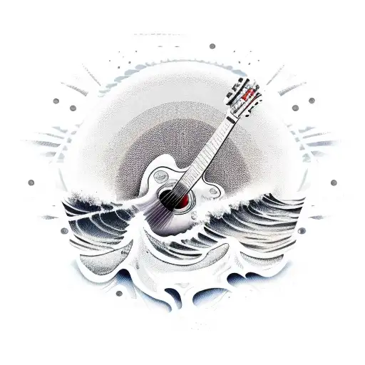  a sun wearing sunglasses, playing a guitar on a beach with waves crashing in the background tattoo design idea
