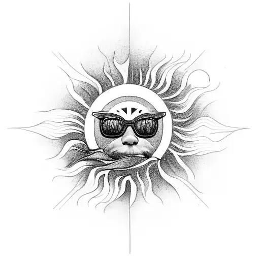 A traditional tattoo of a sun wearing sunglasses, playing a guitar on a beach with waves crashing in the background tattoo design idea