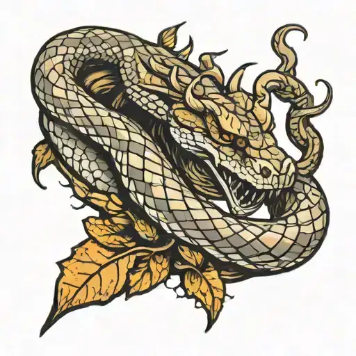 snake with horns on the background of tree bark tattoo design idea
