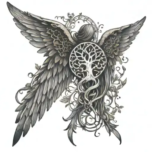 An intricate design of angel wings intertwined with a tree of life, representing the connection between heaven and earth tattoo design idea