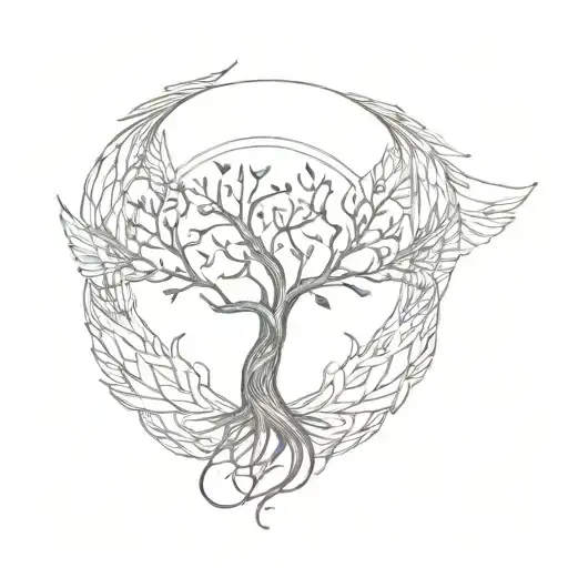 An intricate design of angel wings intertwined with a tree of life, representing the connection between heaven and earth tattoo design idea