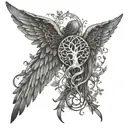 An intricate design of angel wings intertwined with a tree of life, representing the connection between heaven and earth tattoo design idea