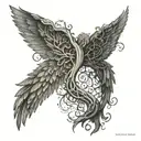 An intricate design of angel wings intertwined with a tree of life, representing the connection between heaven and earth tattoo design idea