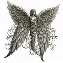 An intricate design of angel wings intertwined with a tree of life, representing the connection between heaven and earth tattoo design idea