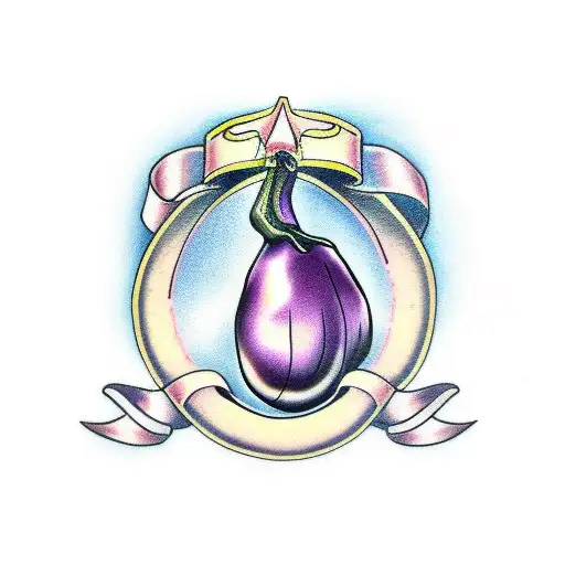 A realistic eggplant with a dedication ribbon wrapped around it tattoo design idea
