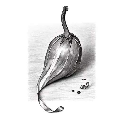 A realistic eggplant with a dedication ribbon wrapped around it tattoo design idea