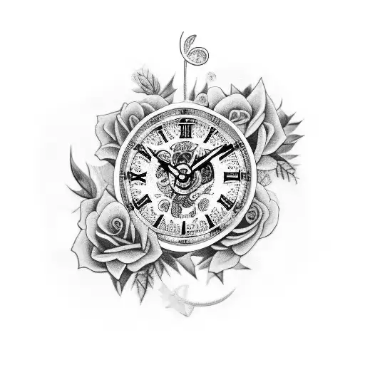 Full sleeve tattoo with clock face, Leo, pisces, roses, autism jigsaw, vinyl, music notes, Leicester tigers badge.  tattoo design idea