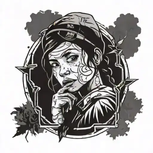 a tattoo of clementine and an from The Walking Dead telltale games series in the background blackwork tattoo design idea