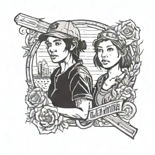 a tattoo of clementine and aj from The Walking Dead telltale games series in the background blackwork tattoo design idea