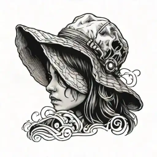 a tattoo of clementine's hat from The Walking Dead telltale games series in the background blackwork tattoo design idea