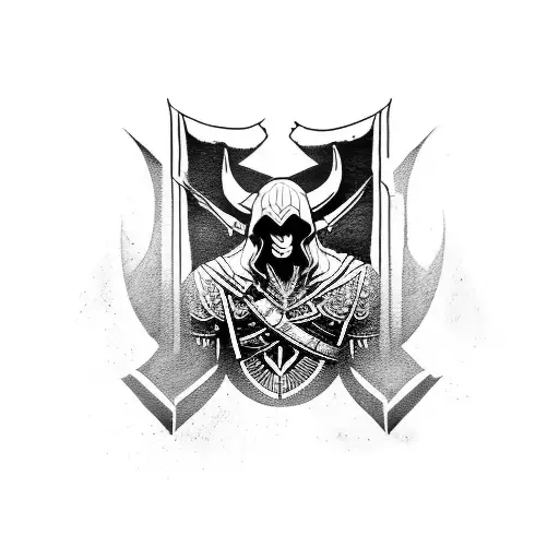 A tattoo design combining elements from the video game 'Assassin's Creed' with traditional Viking symbols tattoo design idea