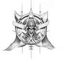 A tattoo design combining elements from the video game 'Assassin's Creed' with traditional Viking symbols tattoo design idea