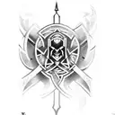 A tattoo design combining elements from the video game 'Assassin's Creed' with traditional Viking symbols tattoo design idea