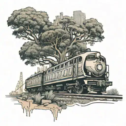 Classic train in Los Angeles cityscape an oak tree with a heart M+K carved into the tree, succulents and #city on a sign tattoo design idea
