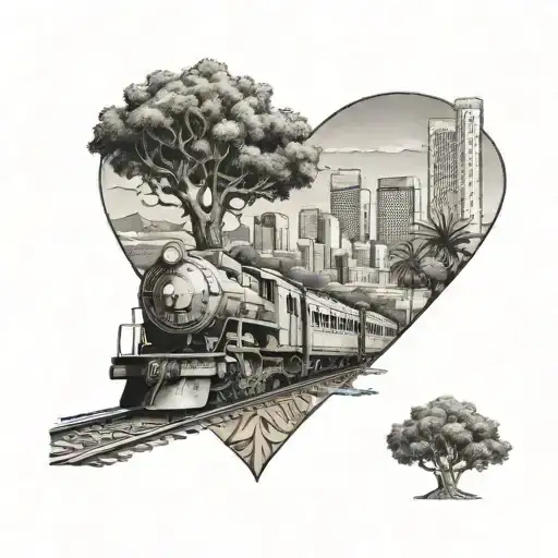Classic train in Los Angeles cityscape an oak tree with a heart M+K carved into the tree, succulents and #city on a sign tattoo design idea