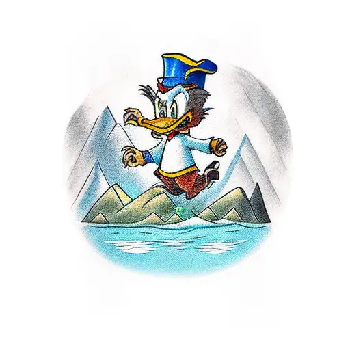 A new-school tattoo of Scrooge McDuck swimming in a pool of money with mountains in the background tattoo design idea