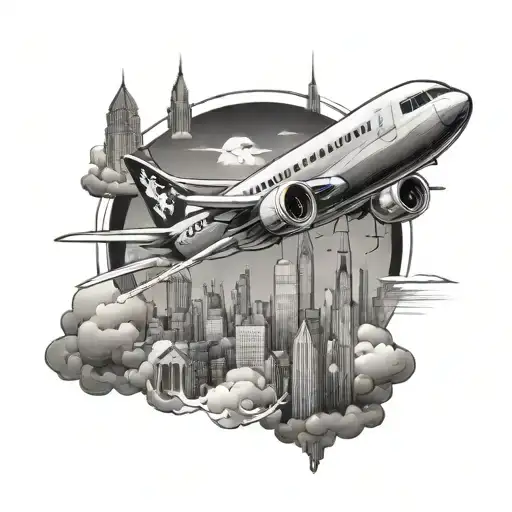 A tattoo design of a stylish airplane flying over a city skyline, symbolizing independence and adventure tattoo design idea