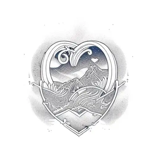 a line going from a mountain to waves and finishing in a heart rate tattoo design idea