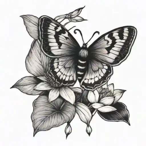 Moth with water lily and moon tattoo design idea