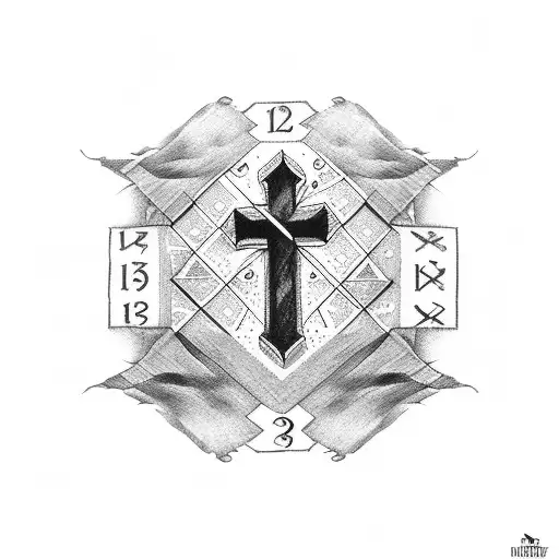 cross and Roman numerals 13 and 27 tattoo design idea