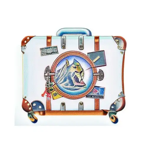 A traditional style tattoo of a vintage suitcase with travel stickers featuring different animals from around the world tattoo design idea
