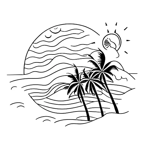 A minimalist tattoo of a beach landscape with palm trees, waves, and a setting sun, symbolizing the client's love for the beach and sunsets. tattoo design idea