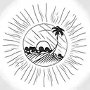 A minimalist tattoo of a beach landscape with palm trees, waves, and a setting sun, symbolizing the client's love for the beach and sunsets. tattoo design idea