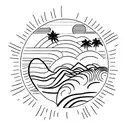 A minimalist tattoo of a beach landscape with palm trees, waves, and a setting sun, symbolizing the client's love for the beach and sunsets. tattoo design idea